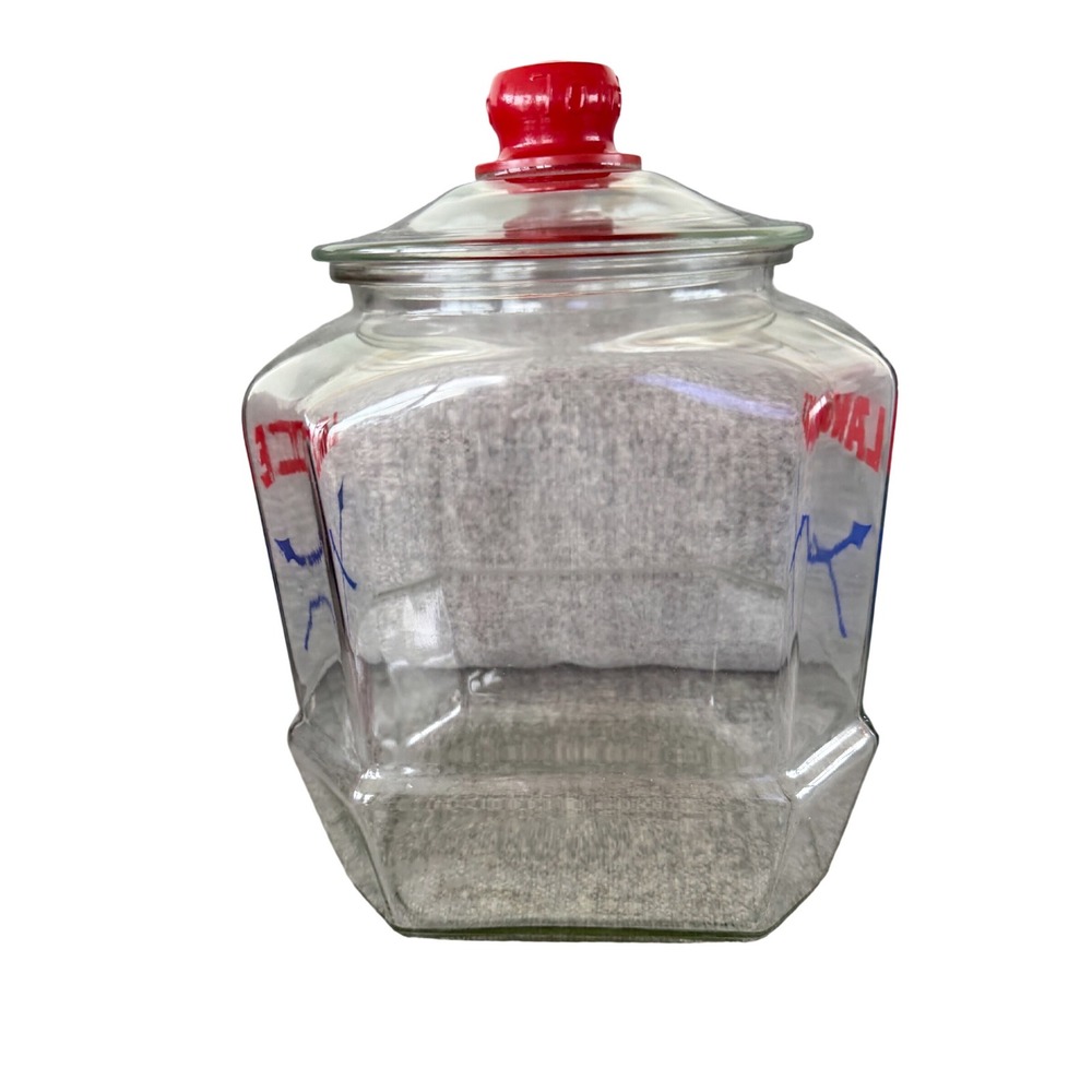 Vintage Lance Glass Cracker Cookie Jar Hexagonal Red Logo Blue Arrows Lid 12.5in - Picture 4 of 8